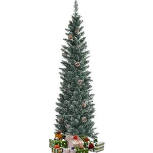 C6 Ft Unlit Pencil Christmas Tree, Slim Artificial Holiday Tree w/ 267 Snowy PVC Branch Tips, 31 Pine Cones, Realistic Hinged Xmas Tree for Home, Office, Party, Holiday