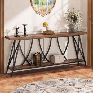 JUSTOGO 70.9" Narrow Console Table for Entryway, Industrial Long Sofa Table Behind Couch, Farmhouse Hallway Table with Storage for Living Room, Entrance, Foyer, Rustic Brown, 70.9" X 11.8" X 28.6"
