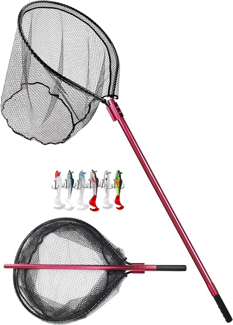 Heavy Duty Extra Large Aluminum Telescoping Landing Net - Saltwater Fishing Net with 6pcs Soft Jig Swimbait, Extends to 72-94in
