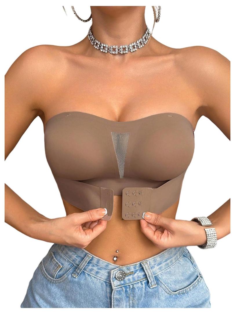 OYOANGLE Women's Front Closure Strapless Bra Non Slip Padded Bandeau Bra Mocha Brown X-Large (Beige, XL)