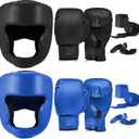Kanayu 14 Pcs Boxing Gloves and Headgear Set for Beginners Youth 16 Ounce Boxing Gloves Headgear Helmet Hand Wraps Mouth Guards Equipment for Beginners Training Equipment Gifts (Black, Blue)