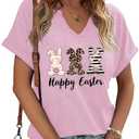 Ovazly Easter V Neck Shirts for Women Happy Easter Bunny with Glasses Blouse Casual Graphic Spring Colorful Tops Tee (Medium)