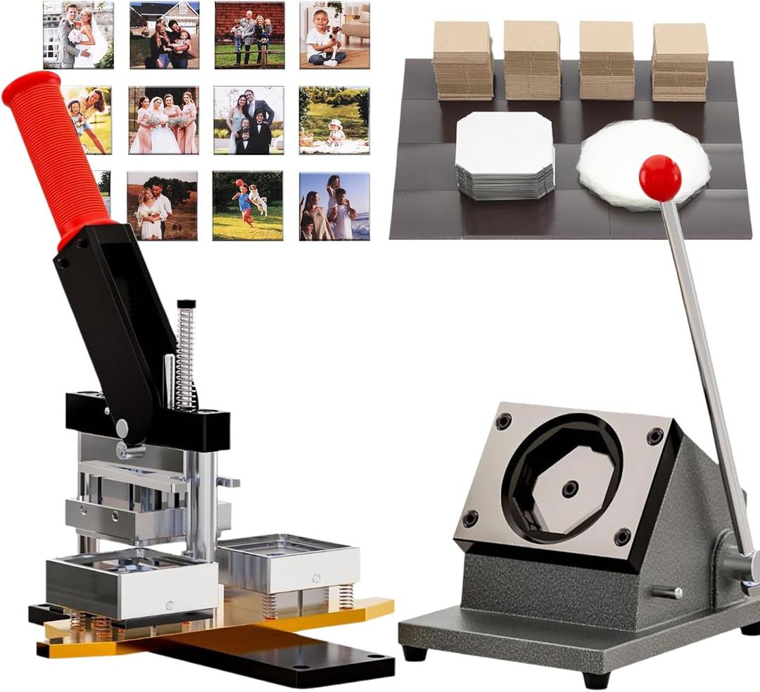 2X2inch Square Fridge Photo Magnet Maker Machine, DIY Button Press Maker Kit with Paper Cutter+100pcs Supplies