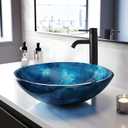 YIMAI Ingenuity Vessel Sink 16.5" Bathroom Sinks Tempered Glass Blue Art Basin Round Bowl with Faucet Combo Blue,Modern Countertop Bowl Sink for Lavatory Vanity Cabinet