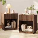 Fluted Nightstands Set of 2, Modern Bedside Table with Drawer and Storage Shelf (Walnut)