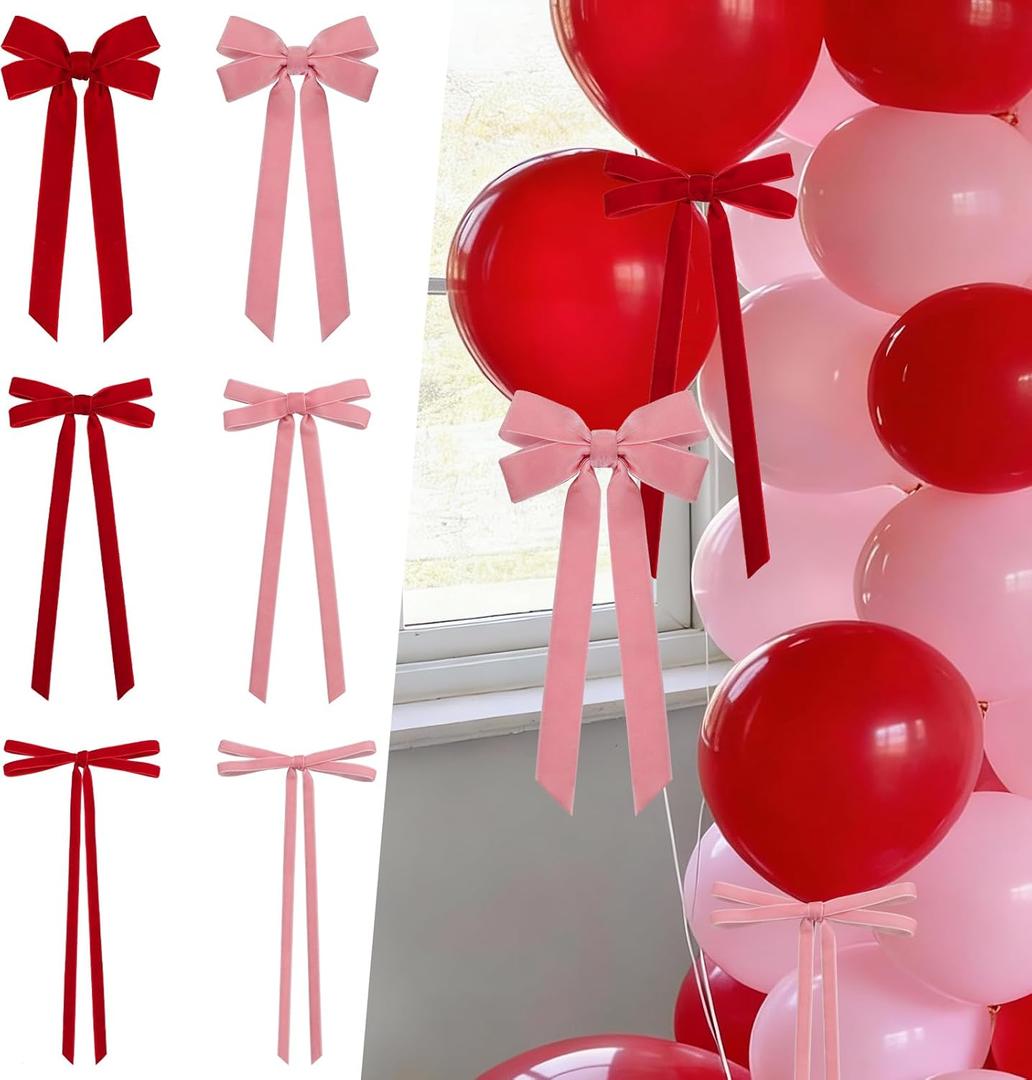 24 Pcs Pink & Red Vintage Velvet Bows Ornaments, 5x10 Inch Luxury 3-Sizes for Baby Bridal Shower Birthday Christmas Tree Valentine's Day, Reusable Coquette Room Wall Backdrop Photo Decoration