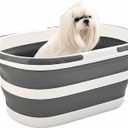 Gorocking Collapsible Pet Bath Tub with Drain Plug, 23.6" L x 15.7" W Foldable Dog Cat Bathtub with Water Temperature Sticker, Portable Grooming Wash Basin Folds Flat to 2.8", Space Saving