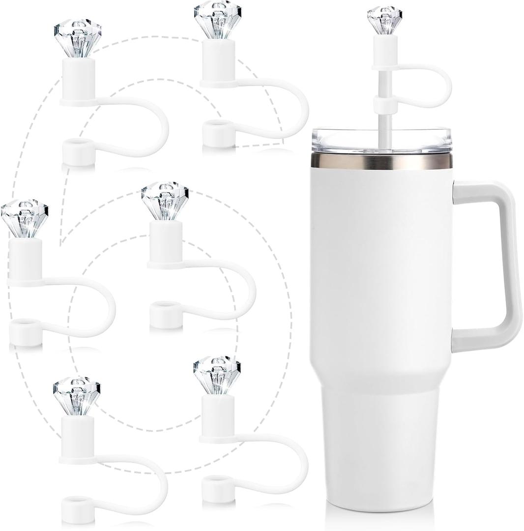 6 Pcs Bling Diamond Straw Topper Gift Compatible with Stanley Cup Accessories 40,30oz Reusable Bling Diamond Straw Cap Cover Charms for Tumbler Suitable for 10mm Pipe Topper Decoration(White)