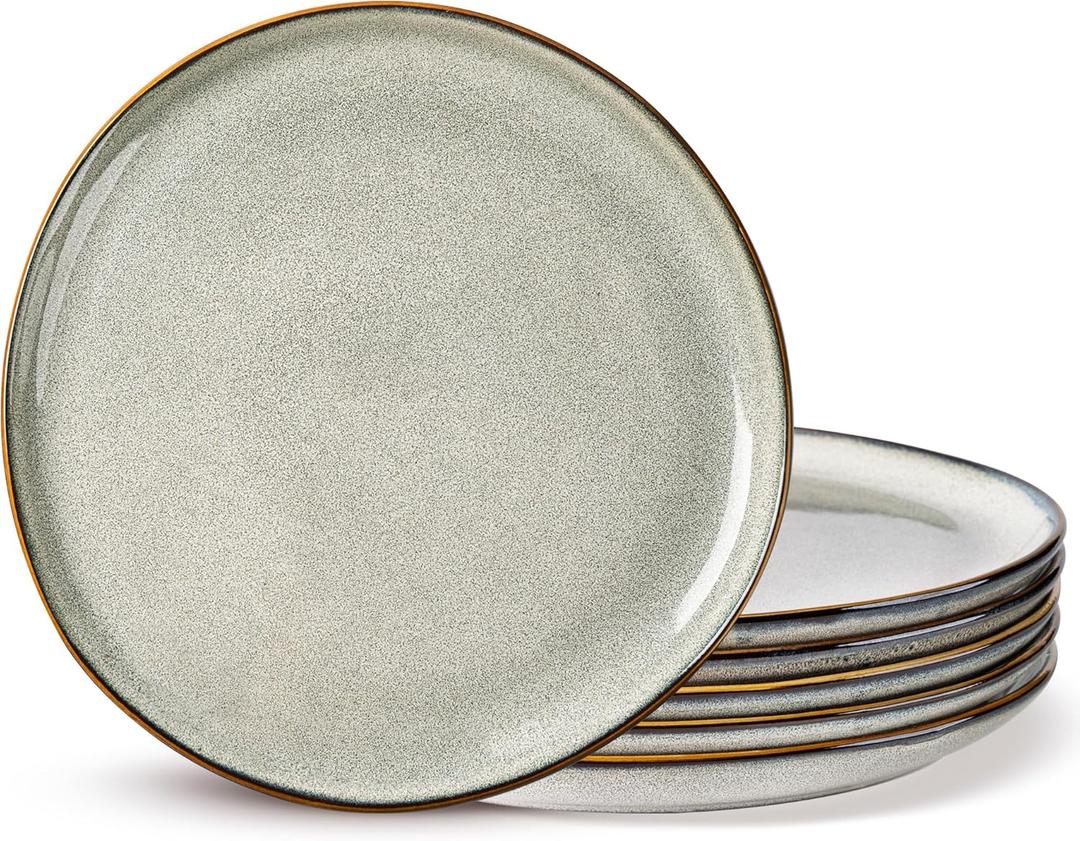 AmorArc Ceramic Plates Set of 6, 8.5 Inch Handmade Reactive Glaze Stoneware Plates set for Dessert, Salad, Appetizer,Dinner, Microwave & Dishwasher Safe, Scratch Resistant (Green Wheat)