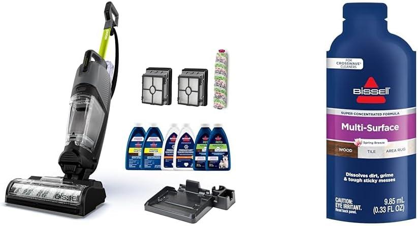 BISSELL CrossWave HydroSteam Deluxe Wet Dry Vac, Multi-Purpose Vacuum, Wash, and Steam, Formula Included, Green, 3515G + Bissell Multi Surface Super Concentrate, 14 0.33 Oz packets included, 4144
