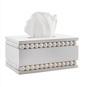 AuldHome Design Beaded Rectangular Tissue Box Cover (White); Rustic Farmhouse Wood Oblong Tissue Holder