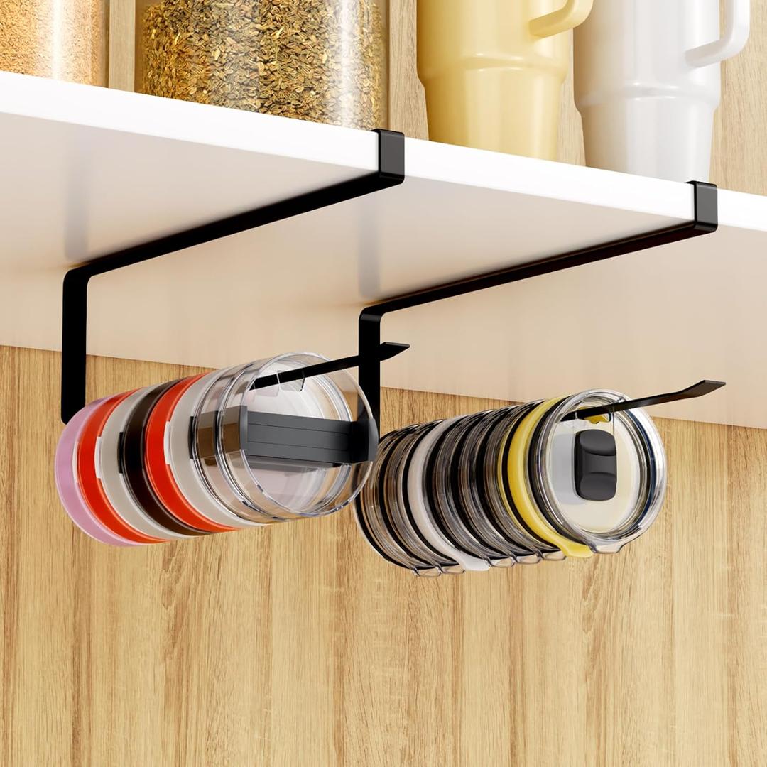 2 PCS Tumbler Lid Organizers, Ample Lid Capacity Up to 30 Lids, No Adhesive No Drill Yeti Lid Organizer Holder Inside Cabinet, Space-Saving Stanley Tumbler Cup Lid Holder Organizer for Kitchen (Black)