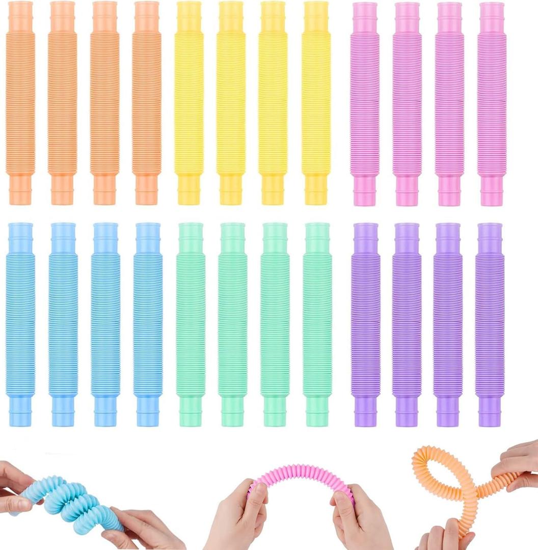 24 Pcs Easter Basket Stuffer Pop Tubes, Sensory Fidget Toys Party Favors for Kids 8-12, Classroom Prizes Gifts Anxiety Goodie Bag Travel Toys for Car Airplane, 12 Pcs Large & 12 Pcs Medium