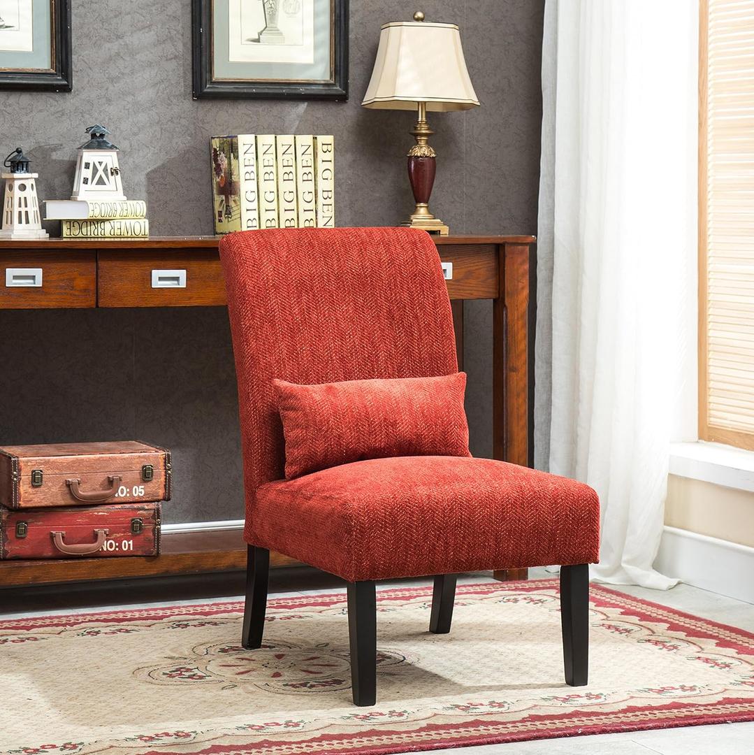 Roundhill Furniture Red Pisano Chenille Fabric Armless Contemporary Accent Chair with Matching Kidney Pillow