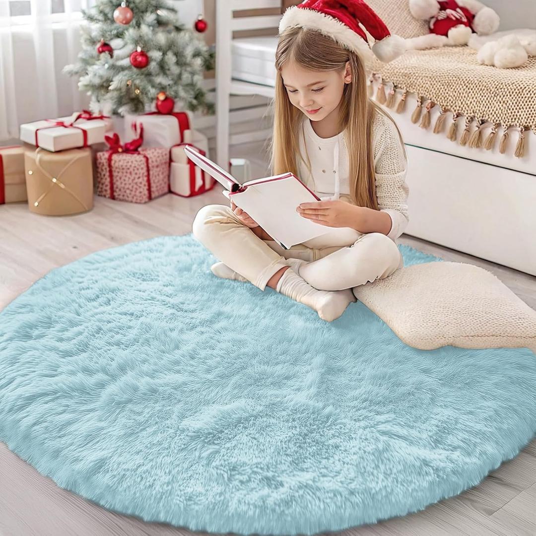 OLANLY Light Blue Round Rugs for Bedroom - Machine Washable, 4 ft Circle Area Rugs for Living Room, Soft and Fluffy Shaggy Carpet for Teen Girl and Boys, Nursery Rooms, Dorms, Home Decor Aesthetic