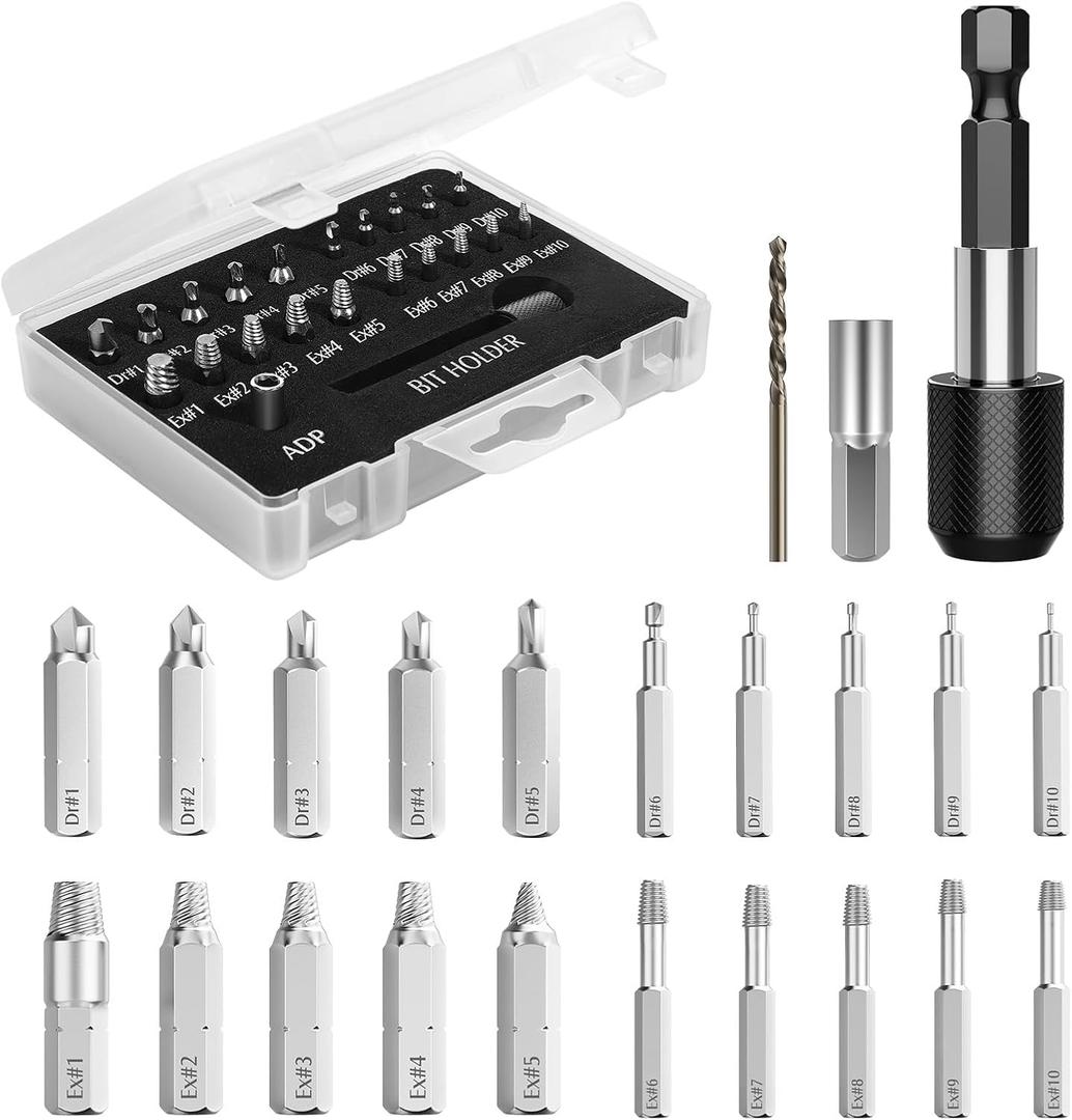 Nuovoware Damaged Screw Extractor Set, 22 PCS Easy Out Stripped Screw Extractor Kit, All-purpose HSS Broken Screw Remover Set with Magnetic Extension Bit Holder & Socket Adapter