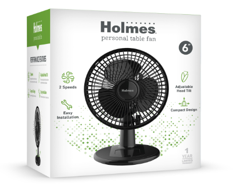 Holmes 6” Personal Table Fan – 2 Speeds, Compact, 15° Head Tilt, Wide-Angle Oscillation, Black