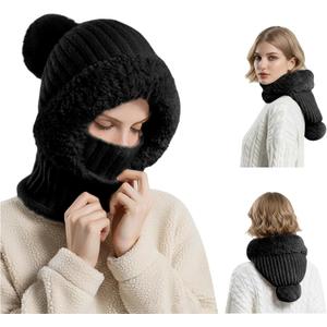 3 in 1 Beanie Hat for Women - 2025 New 3 in 1 Beanie Hat with Scarf and Mask, Fleece Lined Knit Windproof Scarf Hat (Black)