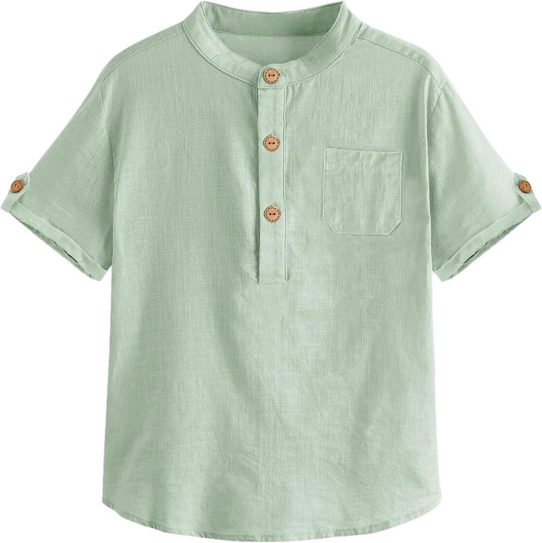 Boys Short Sleeve Henley Shirt Button Up Linen Cotton Dress Shirts Tees Tops with One Pocket (5-6 Years, Green)