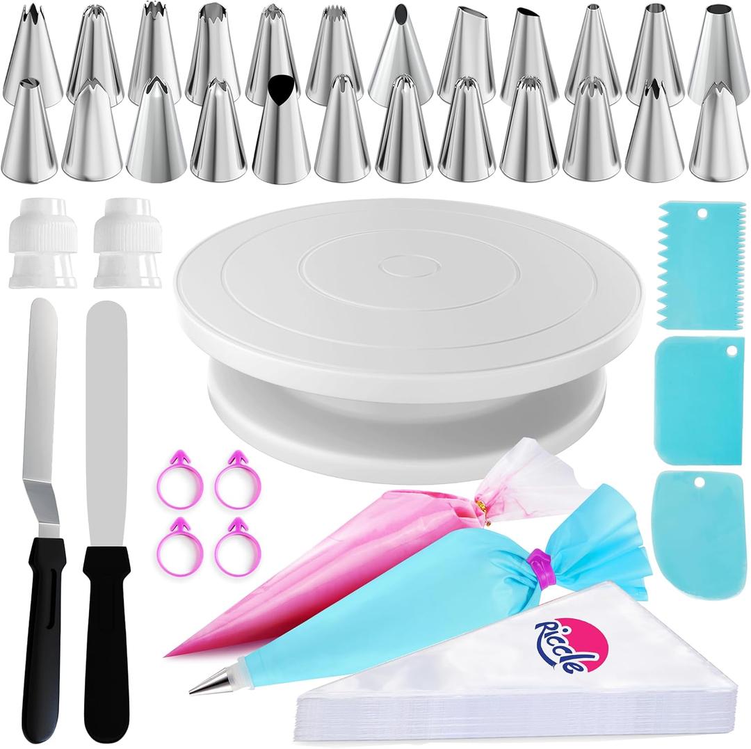 Riccle 88 pcs Cake Decorating Kit with Cake Turntable - Includes 50 Disposable + 2 Reusable Piping Bags and Tips Set, 24 Icing Piping Tips, 2 Spatulas, 3 Icing Comb Scraper, Baking Supplies (White)