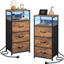 WLIVE Nightstand Set of 2 with Charging Station, LED Night Stand Sets with 3 Fabric Drawers and Storage Shelf, 31.93" H Bedside Table with USB Ports and Outlets for Bedroom, Rustic Brown