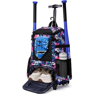 Rolling Baseball Bag Wheeled Softball bag for Adult,Baseball bag with Fence Hook forTeeball Gear,Batting Mitten,Helmet,Bat bag with Shoe Compartment (Pink)