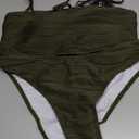 ZAFUL Women Strapless Textured Bandeau Bikini 2 Piece Swimwear Cheeky Solid Lace up Bathing Suits (Medium, 1-armygreen)
