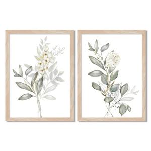 Framed Botanical Wall Art Set of 2 Minimalist Floral Canvas Prints with Solid Wood Frame & Acrylic Cover, Neutral Green Nature Watercolor Leaf Boho Plan Paintings for Living Room Bedroom Home Decor 12x16IN