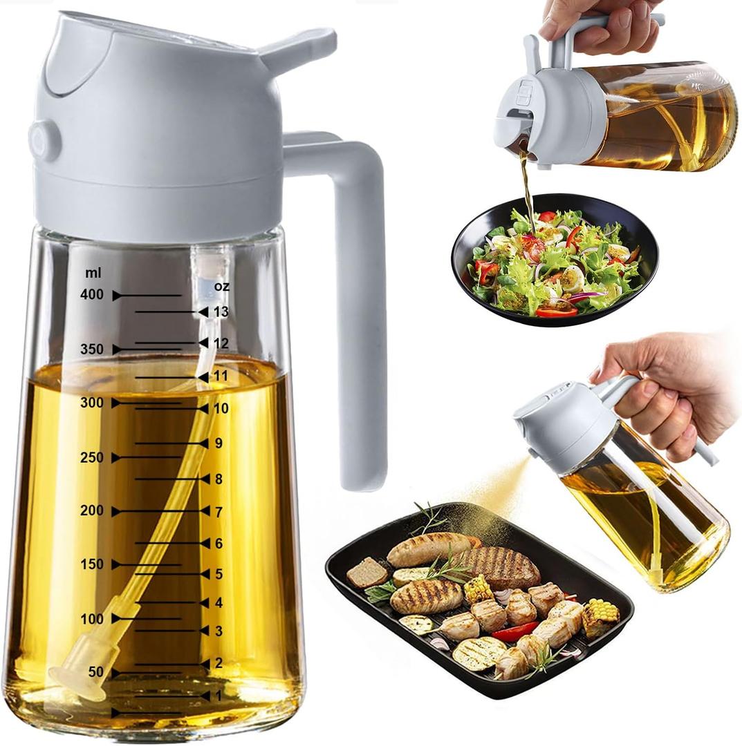 TrendPlain 16oz/470ml Glass Olive Oil Sprayer for Cooking  2 in 1 Olive Oil Dispenser Bottle for Kitchen Gadgets and Air Fryer Accessories, Salad, BBQ - Ash