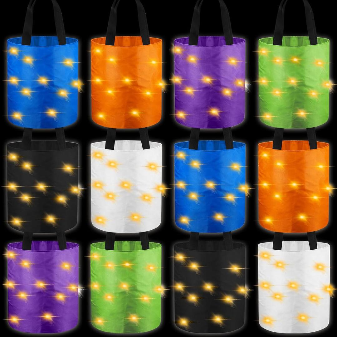 Baquler 12 Pcs LED Light Halloween Candy Bags Light up Halloween Party Treat Buckets for Kids Colorful Goodie Buckets Multipurpose Reusable Favor Gift Tote for Party Supplies Favors