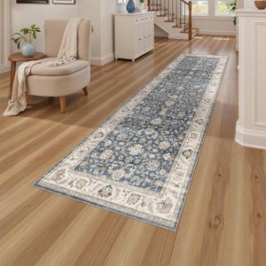 WITSHOCK 3x10 Runner Rugs for Hallway : Machine Washable Non Slip Vintage Carpet - Low Pile Lightweight Print Rug for Kitchen Laundry Room Bedroom Beside Rug - Pet & Kids Friendly (Blue) (Blue/Cream White/Light Ivory)
