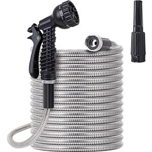 FOXEASE Metal Water Hose 100 ft - Stainless Steel Water Hose with 2 Nozzles, Lightweight, Tangle Free & Kink Free, Heavy Duty, High Pressure, Flexible, Dog Proof
