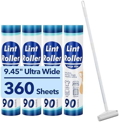 Large Lint Rollers for Carpet, 9.45'' Sticky Rollers for Floor with 360 Sheets, Extendable Long Handle Sticky Mop for Cleaning Couch, Curtains, Cars, Clothing, and Pet Hair