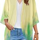 Women's Floral Print Puff Sleeve Kimono Cardigan Loose Cover Up Casual Blouse Tops (X-Large, Yellow Green Tie-dye)