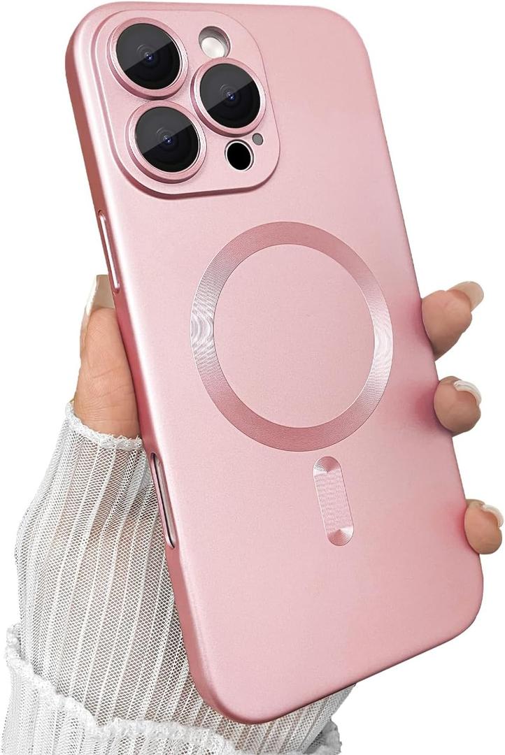Magnetic for iPhone 16 Pro Case, with Camera Lens Protector, Compatible with Magnetic, Slim Shockproof Bumper Soft Silicone Metallic Lustre Phone Case for iPhone 16 Pro, Pink