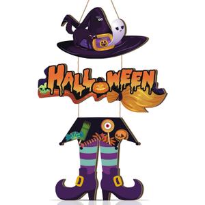 Halloween Witch Legs Hat Wooden Hanging Sign, Trick Or Treat Door Decor, Spooky Ghost Decor, 11.42X11.42 inch, Wood (Colourful Magic Hat)