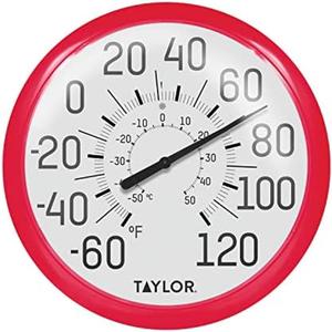 Taylor Big and Bold Wall Dial Thermometer, Indoor Outdoor Thermometer, Wireless Thermometer with Easy to Read Numbers for Patio, Pool, Garage and Indoor Areas, 13.25-inch, Red