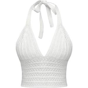 GORGLITTER Women's Crochet Bow Halter Top Cute Backless Summer Ribbed Knit Going Out Country Concert Crop Tops 2025 (M)