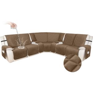 HDCAXKJ 100% Waterproof Velvet Recliner Sectional Couch Covers L Shaped Corner Reclining Sofa Cover Washable Thick Non Slip Sectional Slipcover with Pockets (5 Seat and 2 Middle Console, Light Brown)