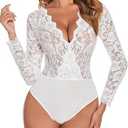 Avidlove Lace Bodysuit for Women Sexy Long Sleeve V Neck Body Suits Going Out Tops Snap Crotch One Piece Teddy Lingerie, XXXL