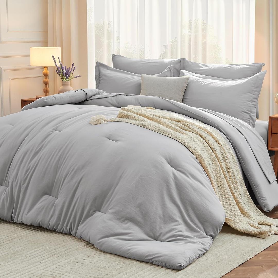 MUXHOMO 7 Pieces California King Comforter Set, Soft Bed in a Bag Cal King Size, All Season Bedding Set with Comforter, Flat Sheet, Fitted Sheet, Pillowcases & Shams, Light Grey