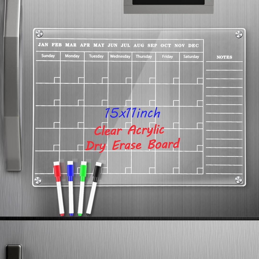 Magnetic Dry Erase Calendar Whiteboard Clear Acrylic Magnetic Calendar for Fridge Dry Erase Board Calendar with Note Acrylic Dry Erase Board Magnetic Fridge Calendar with 4 Markers (15 x 11 Inches)