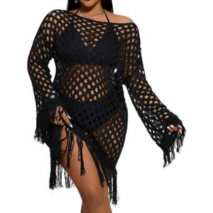 WDIRARA Women's Plus Size Hollow Out Sheer Crochet Beach Cover Up Tassel Long Sleeve Dress Coverups (XX-Large Plus, Black)