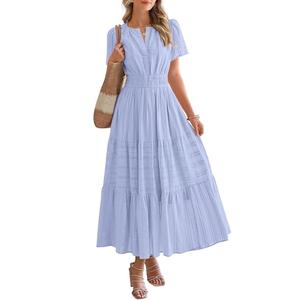 BTFBM Womens Summer 2026 Casual Midi Maxi Dresses Lightweight Short Sleeve V Neck Elastic Waist Boho Beach Dress Pockets(Light Blue, Medium)