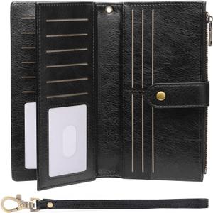 GOIACII Wallets for Women Large Capacity Credit Card Holder RFID Blocking Wristlet Long Purse with Zipper Pocket Black
