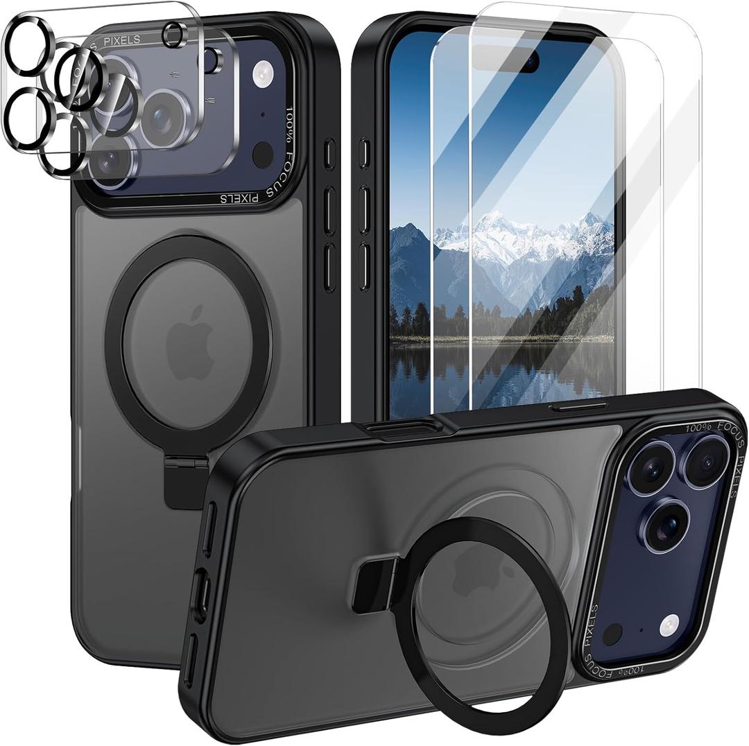 Lamcase for iPhone 17 Pro Max Case,with Magnetic Invisible Stand [Military Drop Protection] [Compatible with MagSafe] Shockproof Slim Translucent Anti-Slip with 2 Screen Protector,Black