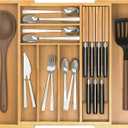 Bamboo Kitchen Drawer Organizer, Expandable Silverware Organizer with Removable Knife Block, 6-8 Slots- Utensil Holder & Cutlery Tray Drawer Dividers, 2.36" Deep for Extra Capacity, Natural