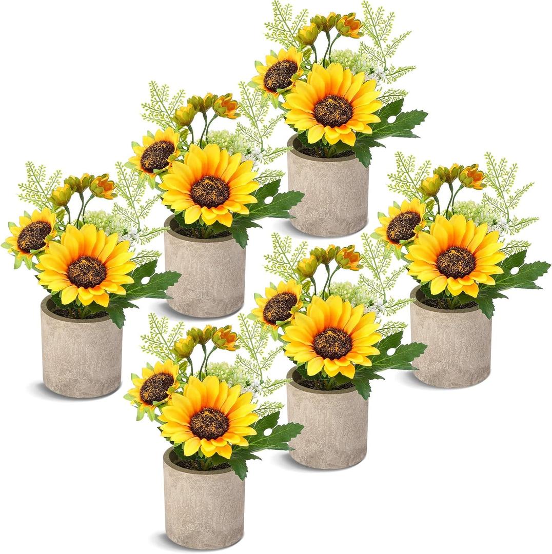 Zeyune 6 Pcs Summer Sunflowers Artificial Flowers Bouquet with Pots Rustic Faux Fake Sunflower Tables Centerpieces for Wedding Home Dining Kitchen Decorations