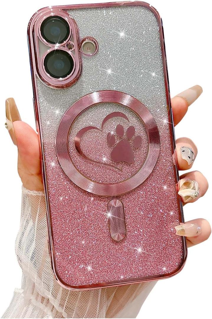 for iPhone 16 Case, Glitter Clear Cute Paw Love Heart, Compatible with MagSafe, Strong Magnetic Full Camera Lens Protection Cover, Soft Slim Bling Phone Case 6.1" - Pink
