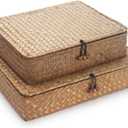 Seagrass Storage Basket Box with Lid Rectangular Woven Shelf Baskets Bins for Organize Snack Toys Set of 2 Natural Decorative, (Large+Small)